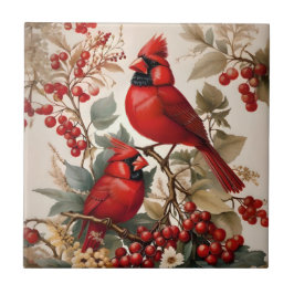 Azulejo Dos Pájaros Y Berries Cardenales Rojos Del Norte