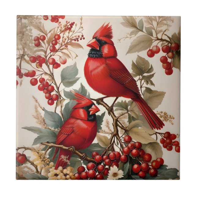 Azulejo Dos Pájaros Y Berries Cardenales Rojos Del Norte (Frente)