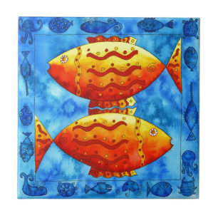 Azulejo Dos peces dorados acuarela vida marina submarina