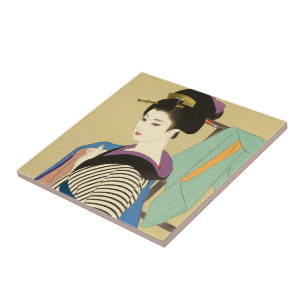 Azulejo Dos temas de mujeres japonesas de Shimura Tatsumi