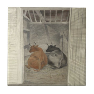 Azulejo Dos vacas en un establo (por Eric Ravilious)
