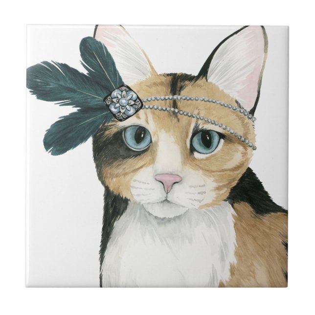 Azulejo Downton Cat | Bejeweling con plumas (Frente)