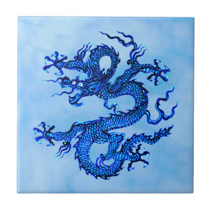 Azulejo Dragón chino, añil y pastel de cerámica azul Ti