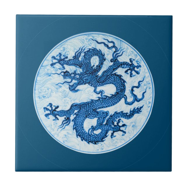 Azulejo Dragón chino, azul índigo y azules azules y azules (Frente)