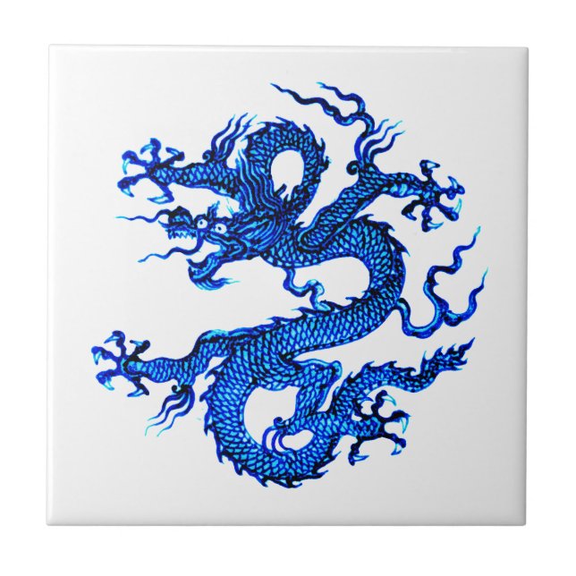 Azulejo Dragón chino, mosaico índigo azul de cerámica (Frente)