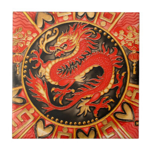 Azulejo Dragón chino tradicional de oro rojo