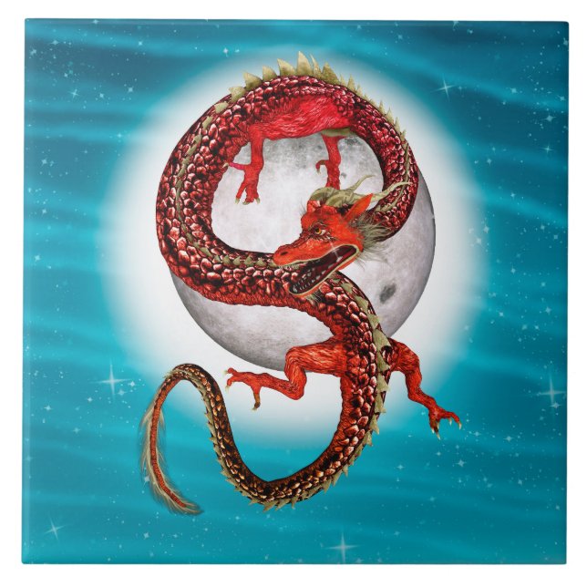 Azulejo Dragón de Luna Roja Arte de Fantasía Celestial (Frente)