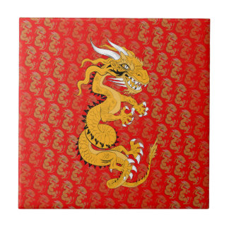 Azulejo Dragón dorado en rojo