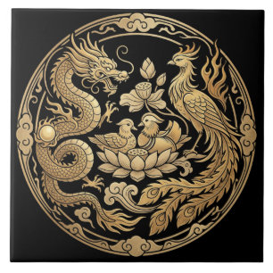 Azulejo Dragón, Fénix y Patos en Dorado sobre Negro