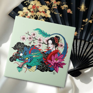 Azulejo Dragón Geisha Asiática Flor de Cerezo Azul