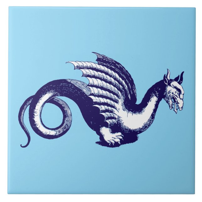 Azulejo Dragón Medieval Azul y Blanco de la era barroca (Frente)