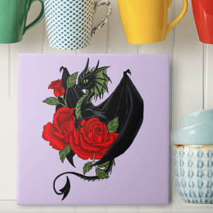 Azulejo Dragón Negro Místico Rosas Rojas Lavanda Gótico
