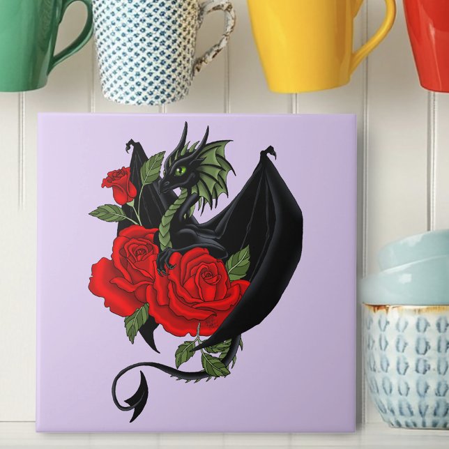 Azulejo Dragón Negro Místico Rosas Rojas Lavanda Gótico (Subido por el creador)