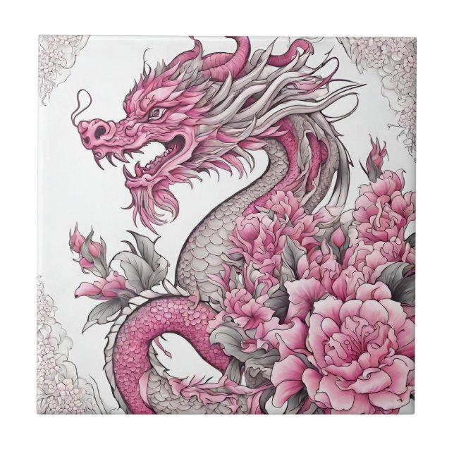 Azulejo Dragón oriental y flores rosas (Frente)