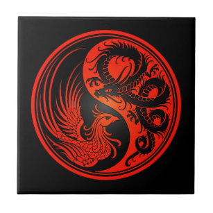 Azulejo Dragón rojo y negro Phoenix Yin Yang