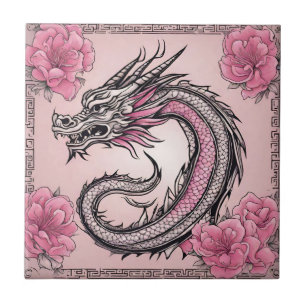 Azulejo Dragón rosa oriental con flores