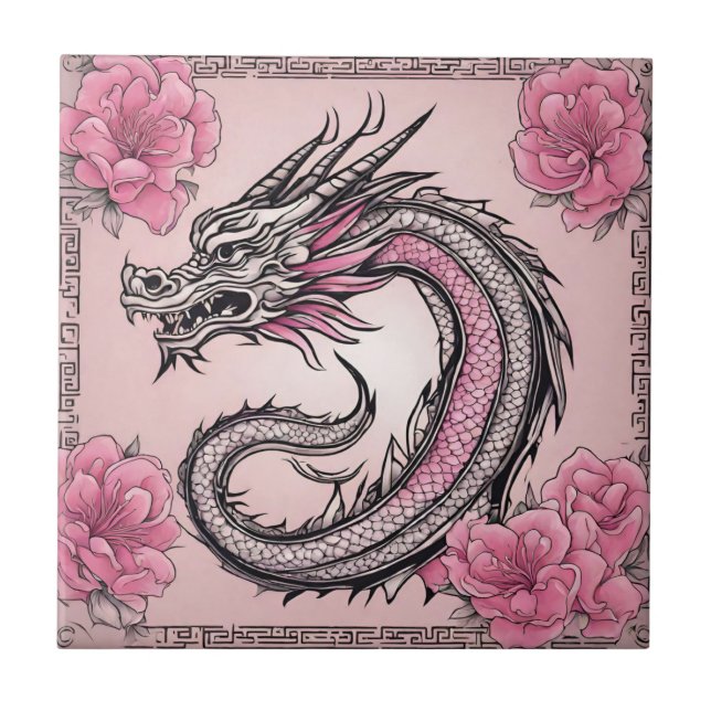 Azulejo Dragón rosa oriental con flores (Frente)