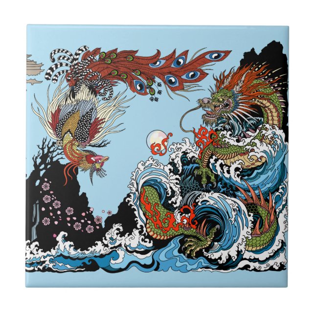 Azulejo Dragón y Feng Huang. Ilustracion de Insima (Frente)