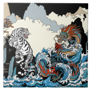 Azulejo Dragón y Tigre Blanco. Ilustracion de Insima