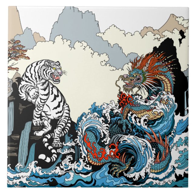 Azulejo Dragón y Tigre Blanco. Ilustracion de Insima (Frente)