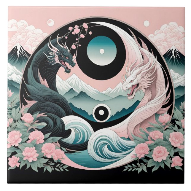 Azulejo Dragones Floral Montaña rosa Sage Verde azulado (Frente)