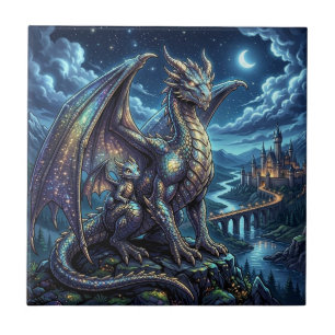 Azulejo Dragones Padre e Hijo Celestiales a la Luz de la L