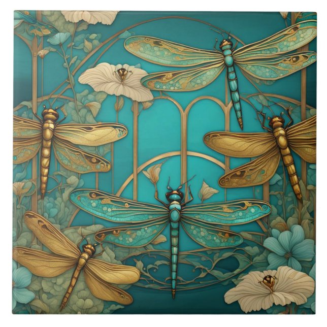Azulejo Dragonflies Art Nouveau Art Déco Verde azulado Dra (Frente)