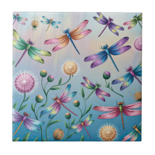 Azulejo Dragonflies caprichoso con flores
