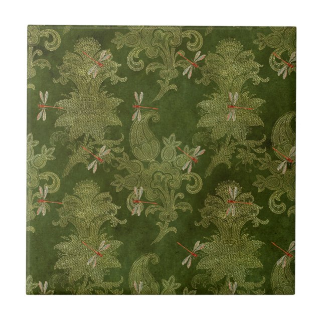 Azulejo Dragonflies Naranja floral Vintage Green Damask (Frente)