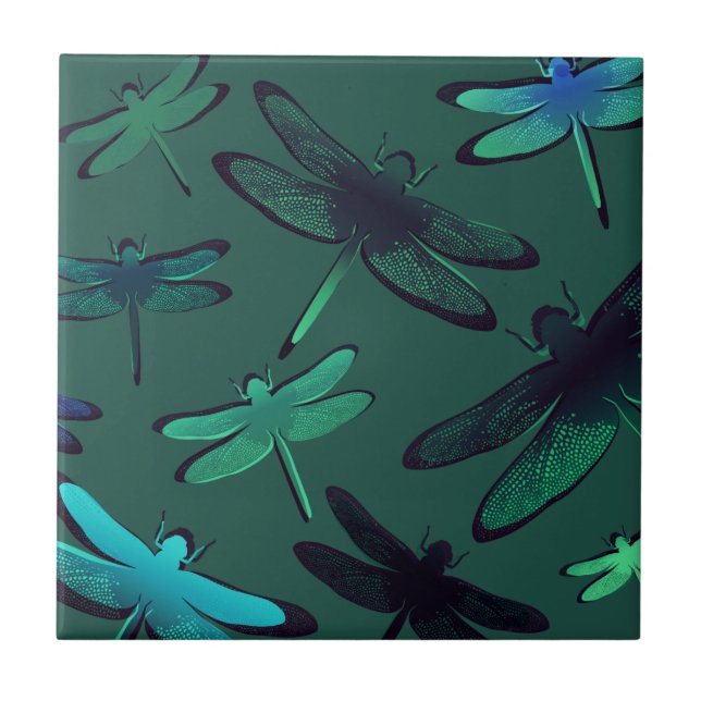 Azulejo Dragonflies Verde oscuro Verde azulado y azul (Frente)