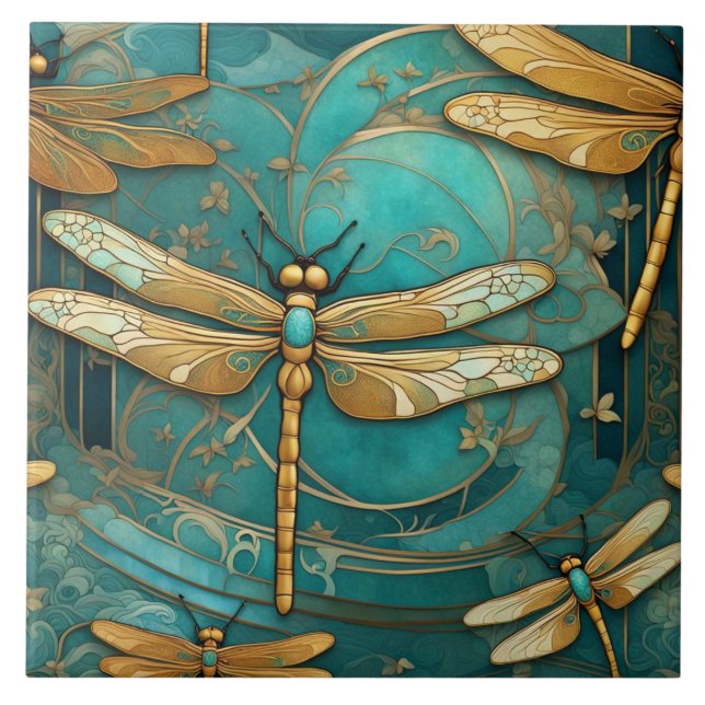 Azulejo Dragonfly Art Nouveau Art Deco Insectos Verde azul (Frente)