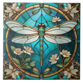 Azulejo Dragonfly Art Nouveau Deco Aqua Blue Stained Glass