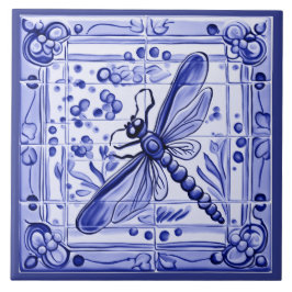 Azulejo Dragonfly azul y blanco arte folclórico mediterrán