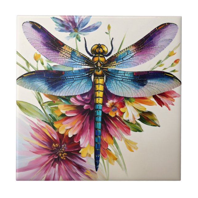 Azulejo Dragonfly Floral Multicolor Art (Frente)