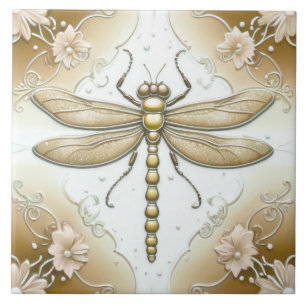 Azulejo Dragonfly Gold y White Flower Art Tan Brown