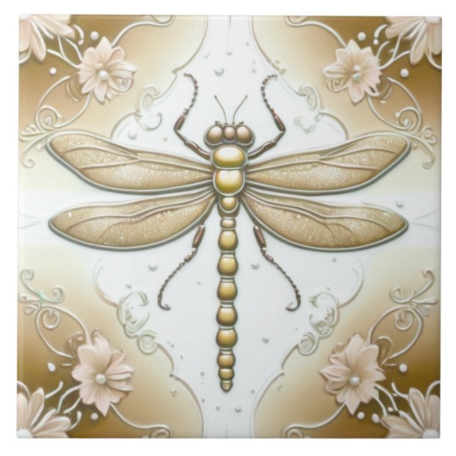 Azulejo Dragonfly Gold y White Flower Art Tan Brown (Frente)