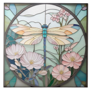 Azulejo Dragonfly japonés con vidrio manchado Art Deco Nou
