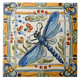 Azulejo Dragonfly Mediterranean Insect Yellow & Blue Folk