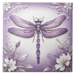 Azulejo Dragonfly Purple and White Floral Art