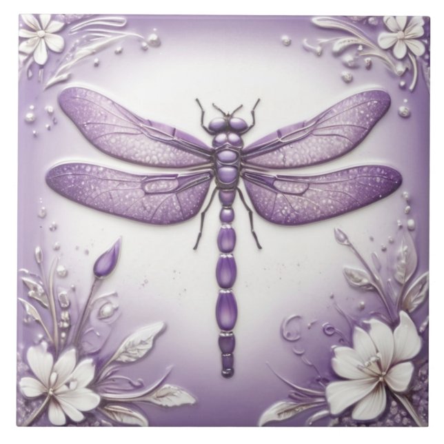 Azulejo Dragonfly Purple and White Floral Art (Frente)