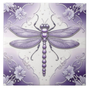 Azulejo Dragonfly Purple and White Flower Art