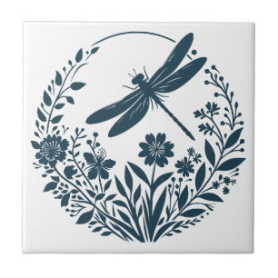 Azulejo Dragonfly retro de silueta con flores