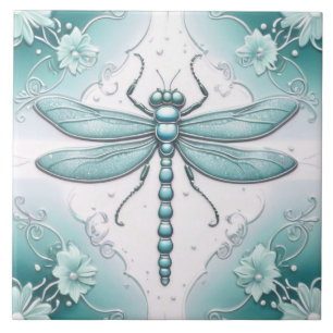 Azulejo Dragonfly Turquoise and White Flower Art Verde azu