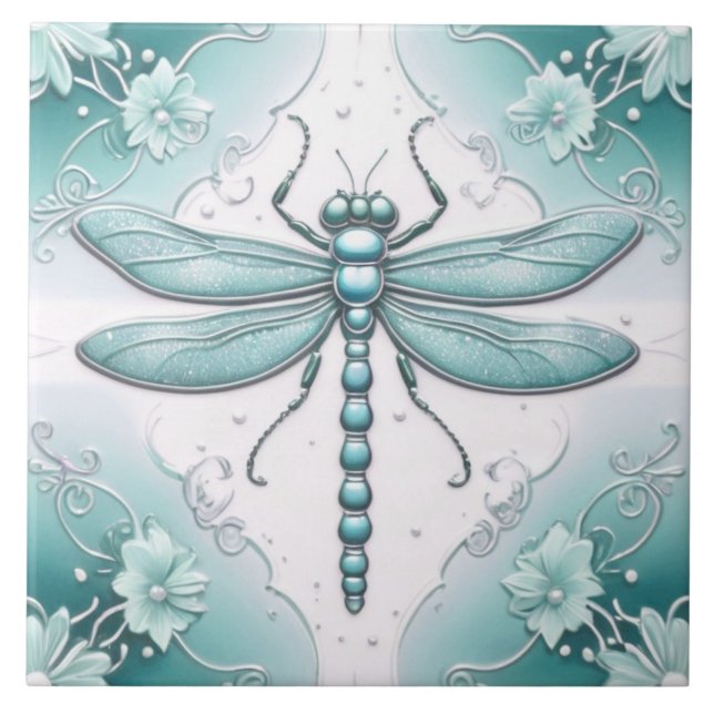 Azulejo Dragonfly Turquoise and White Flower Art Verde azu (Frente)