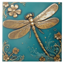 Azulejo Dragonfly Turquoise Verde azulado y Faux Gold Faux