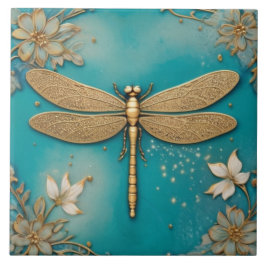 Azulejo Dragonfly Turquoise Verde azulado y Gold Faux Reli