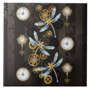 Azulejo Dragoniscos de Steampunk sobre fondo rayado marró