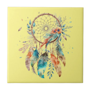 Azulejo Dreamcatcher color de agua amarillo de pluma verde