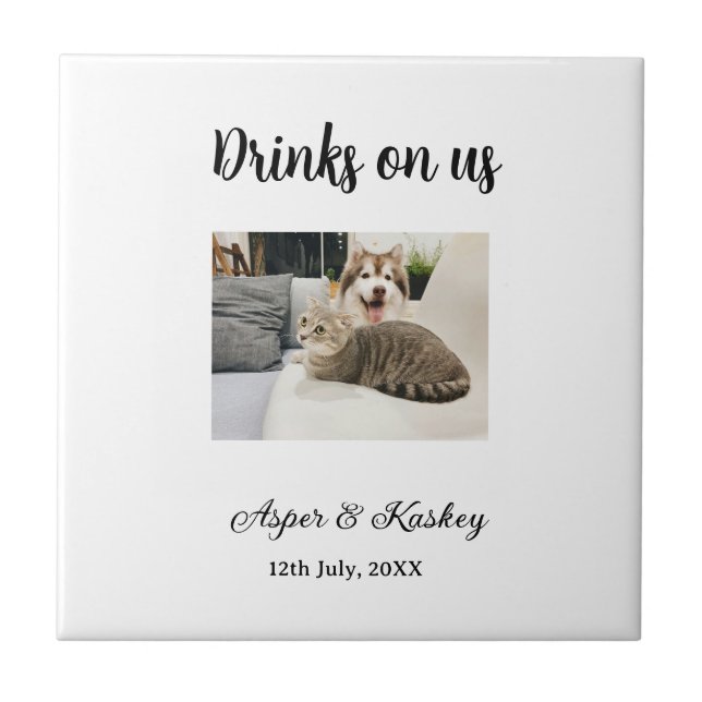 Azulejo Drinks on us open bar pet photo wedding couple dat (Frente)
