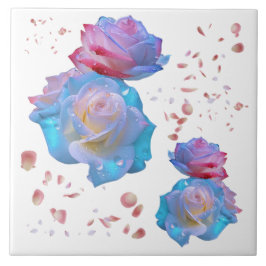 Azulejo Droplas de agua en Rosas rosados y azules en blanc